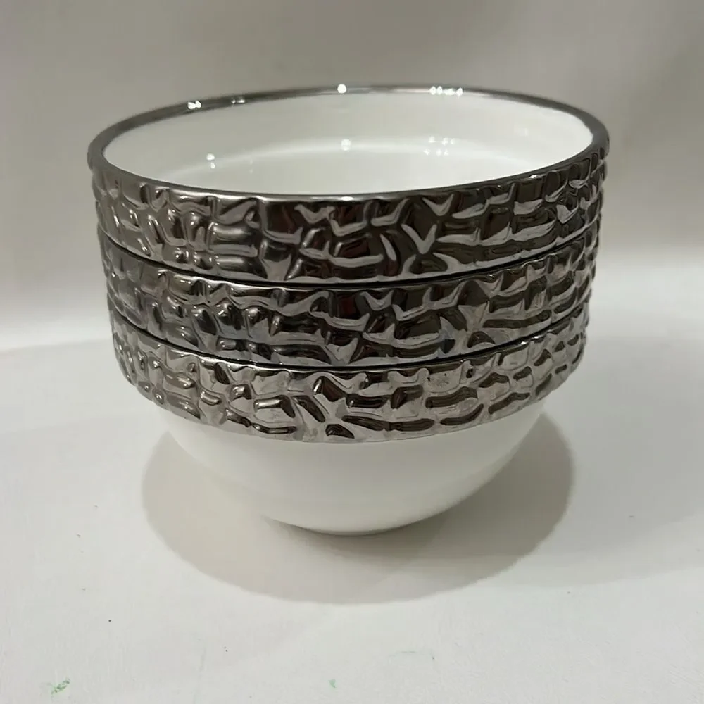 Royal Ridge PRC Set 3 Rice Cereal Bowls 3 1/2 Round 2 1/2 In Tall Silver White